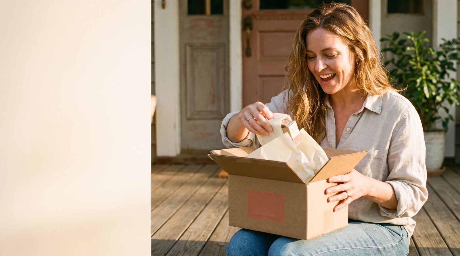 A smiling woman in a linen shirt and jeans opening a cardboard delivery box lined with tissue paper on a sunlit front porch, with a pink front door and a potted plant behind her